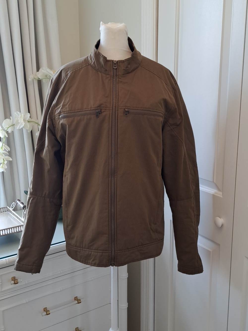 Kuhl Mens Kaffe Racer Moto Olive Green/Brown Utility Jacket Zip Pockets LG